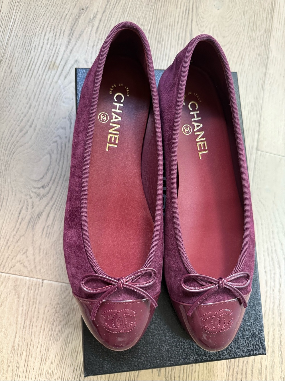 CHANEL Women's Burgundy Suede Cap-Toe Ballet Flats 26A